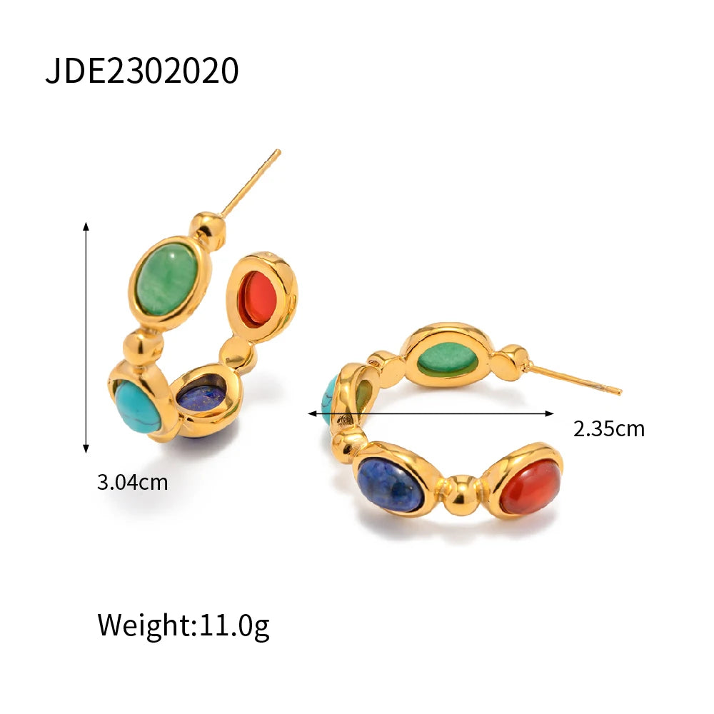Uworld New Arrival Jewelry Stainless Steel Oval Green Colorful Lapis Stone CC Hoop Earring for Girls
