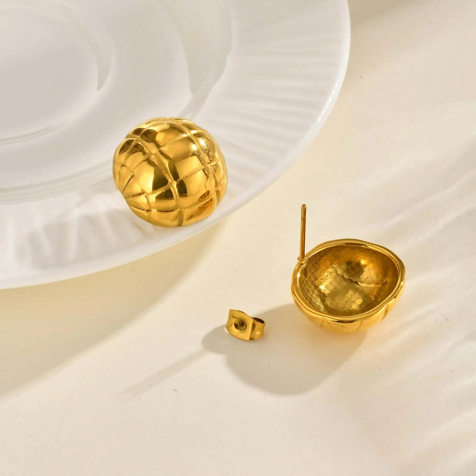 Glossy Hemisphere Braided Stud Earrings,Women's Stainless Steel Ball Earrings Gold Color,Fashion Jewelry Gift