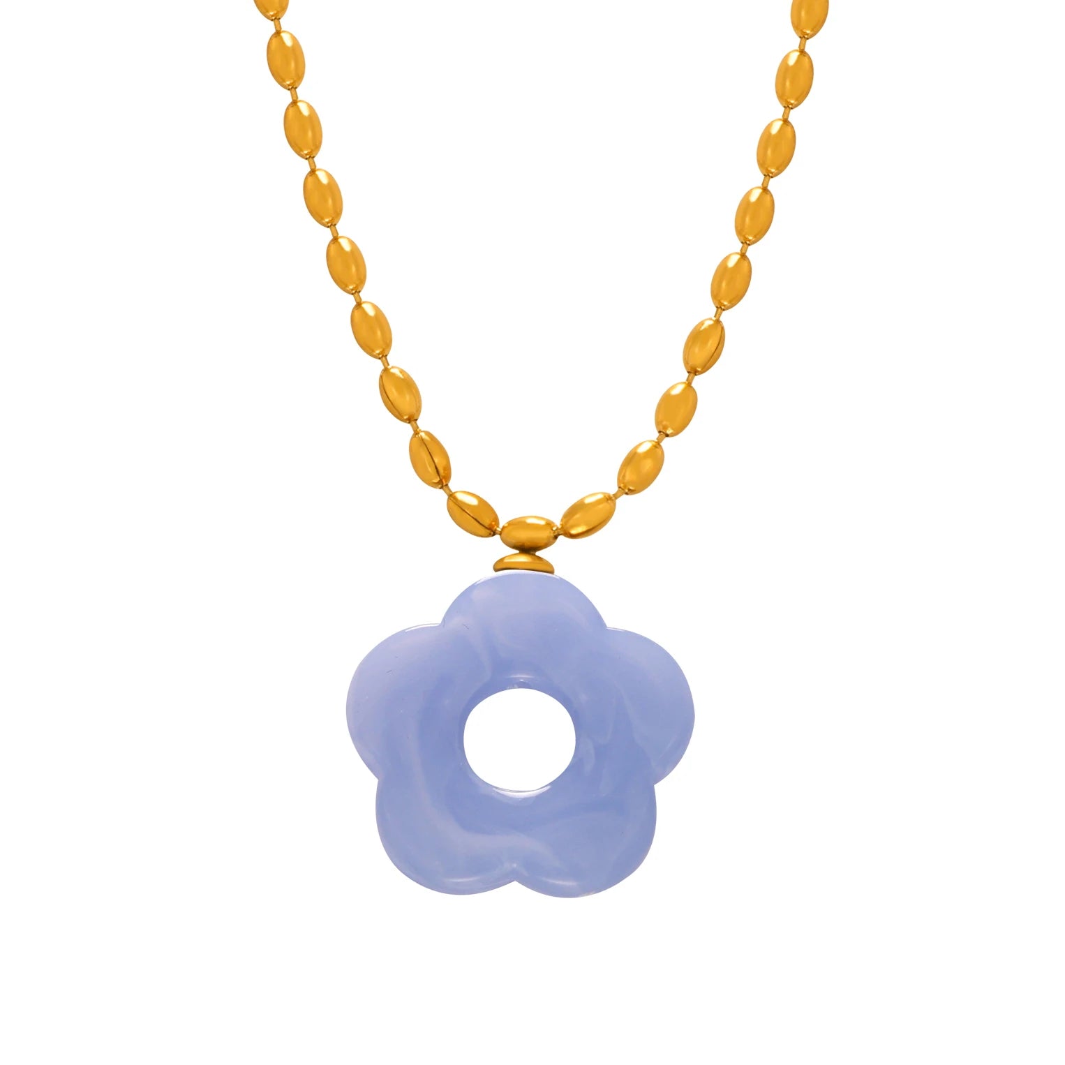 Colorful Resin Hollow Flower Pendant Necklaces Drop Earrings For Women Stainless Steel Rice Chain Women Wedding Jewelry Sets