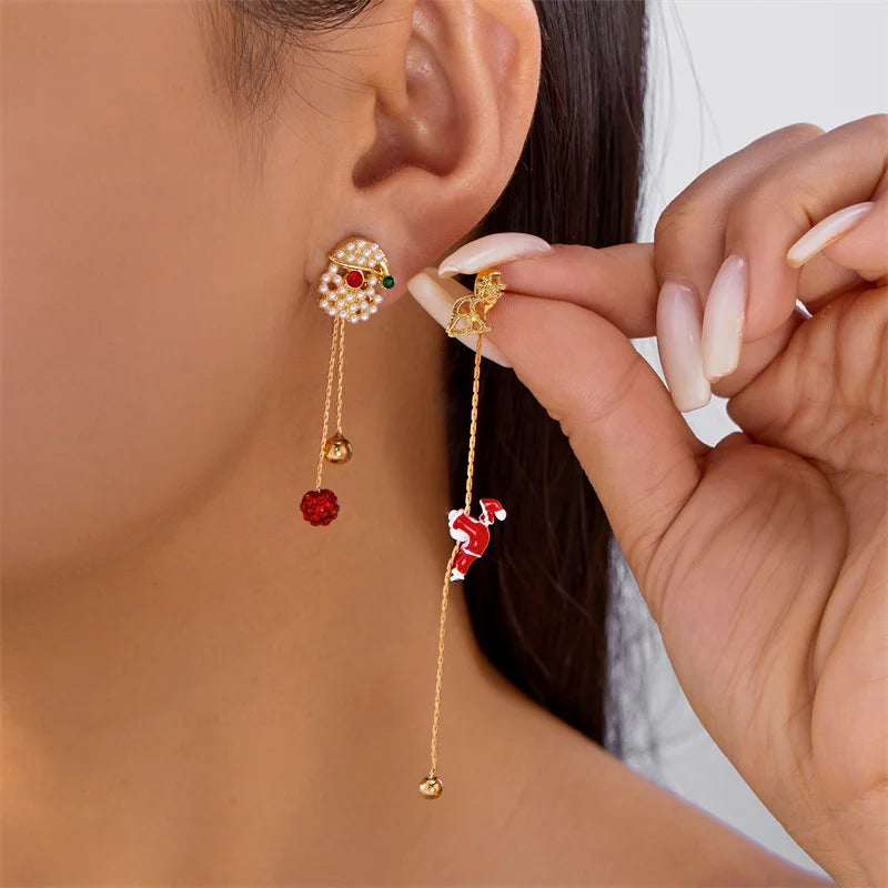 Fashion Christmas Asymmetrical Earrings for Women Zircon Snowflake Santa Claus Xmas Tree Snowman Tassel Earring Party Jewelry