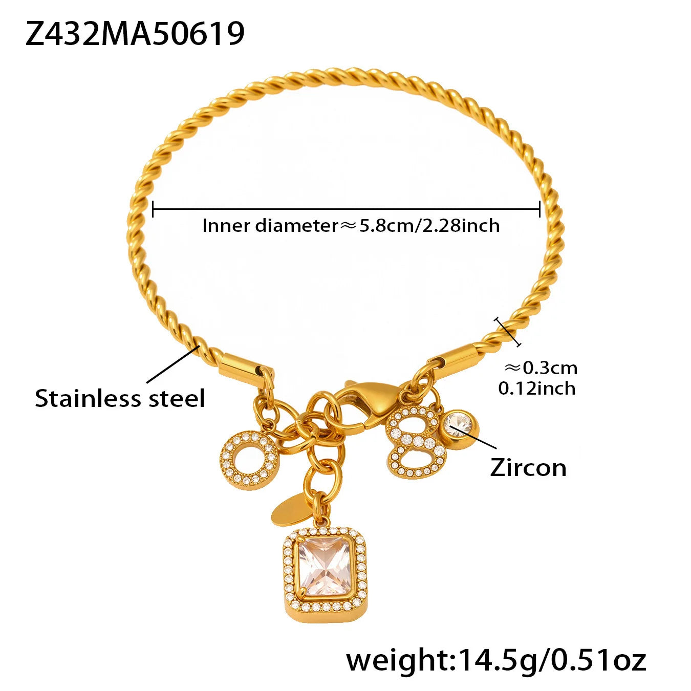Nivora Delicate Zircon Square Number 8 Drop Pendant Stainless Steel Bracelets For Women Twisted Chain Bangle Wedding Jewelry
