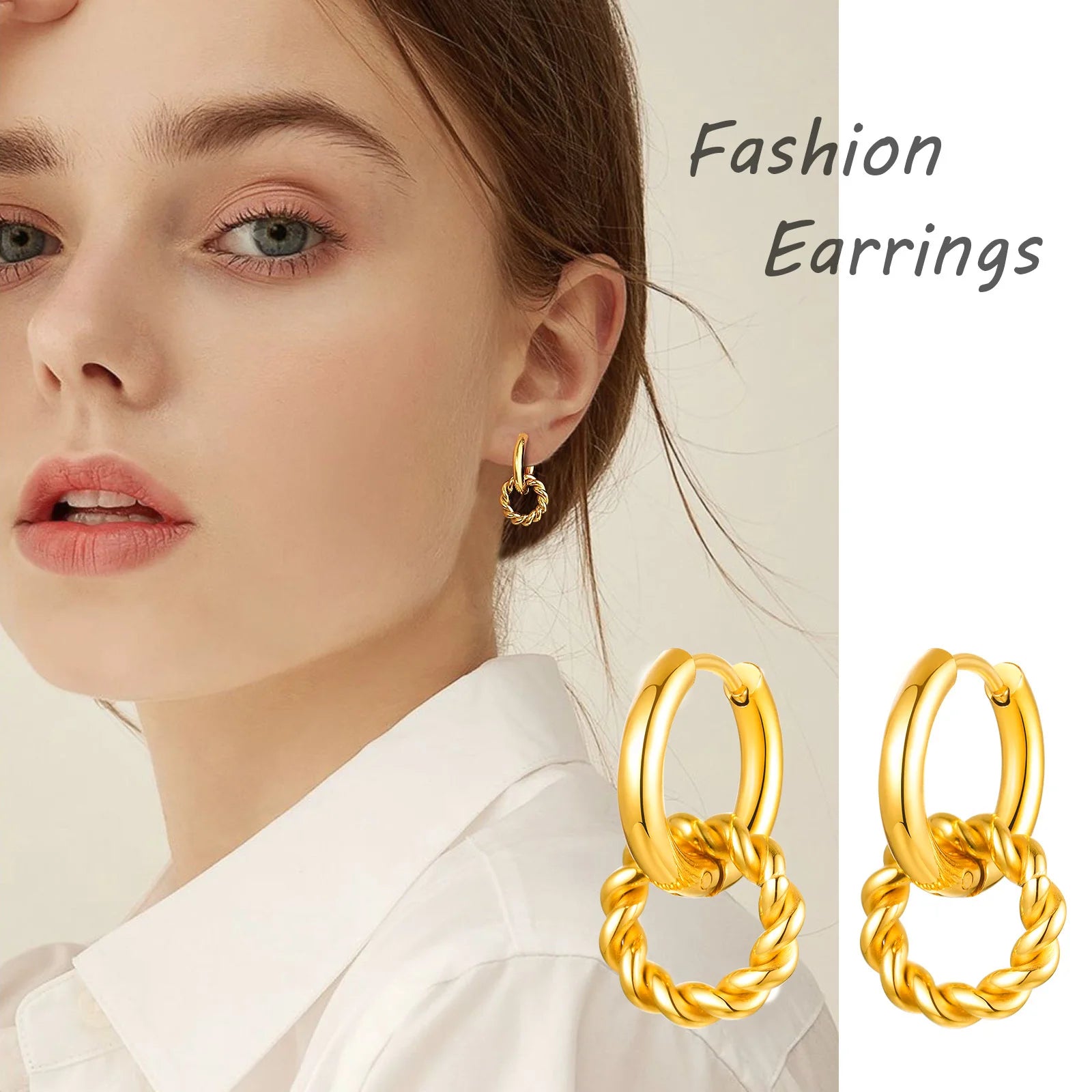 Minimalist Women Hoop Earrings, Gold Color Stainless Steel Twisted Circle Drop Ear Jewelry, Dainty Boho 2022 New Girls Accessory