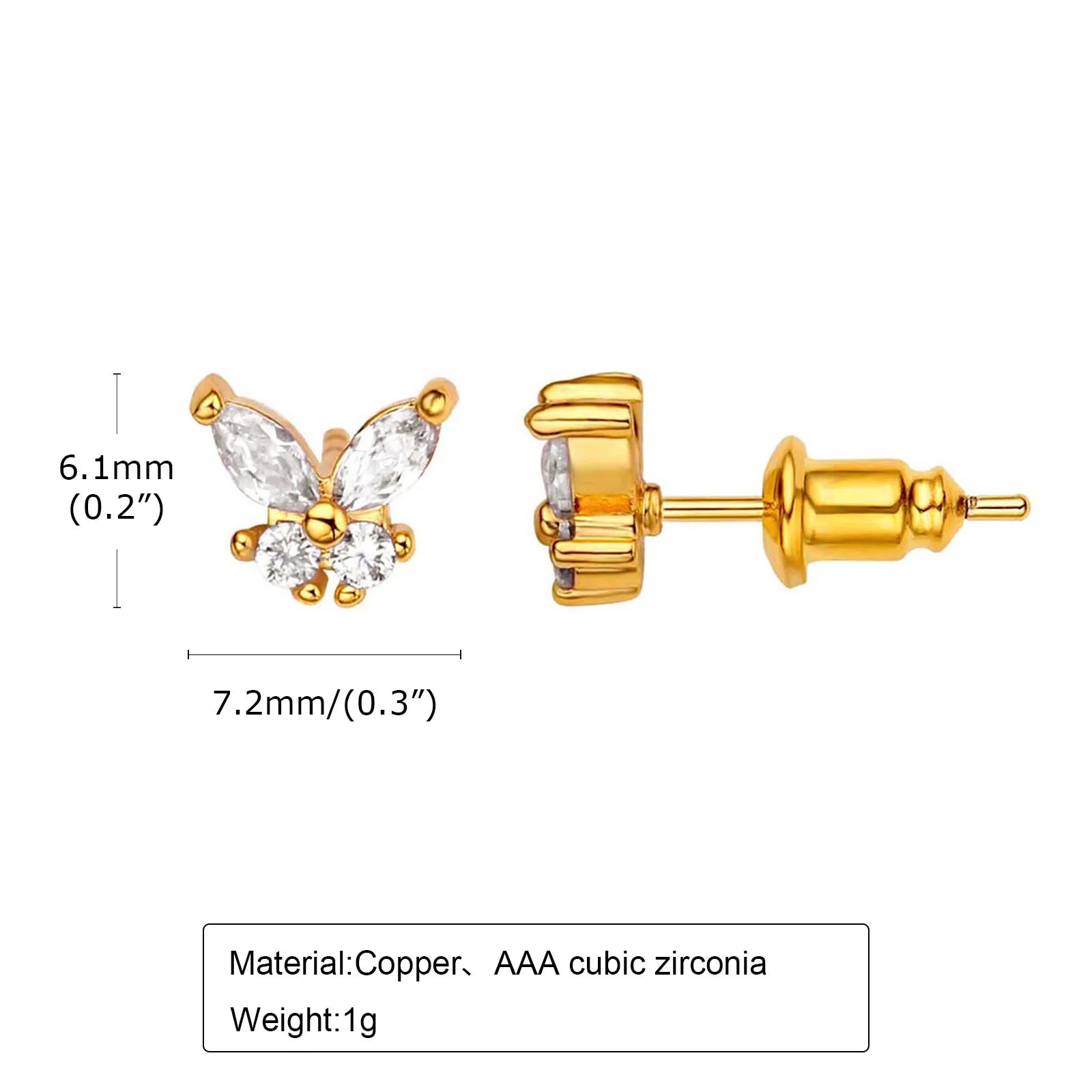 Bling CZ Stone Butterfly Stud Earrings for Women Girls, Trendy Gold Color Anti Allergy Metal Cubic Zirconia Ear Jewelry
