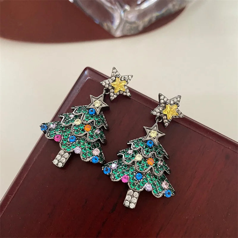 New Sweet Pink Christmas Tree Earring for Women Full Rhinestone Sparkling Zircon Xmas Tree Dangle Earring New Year Party Jewelry