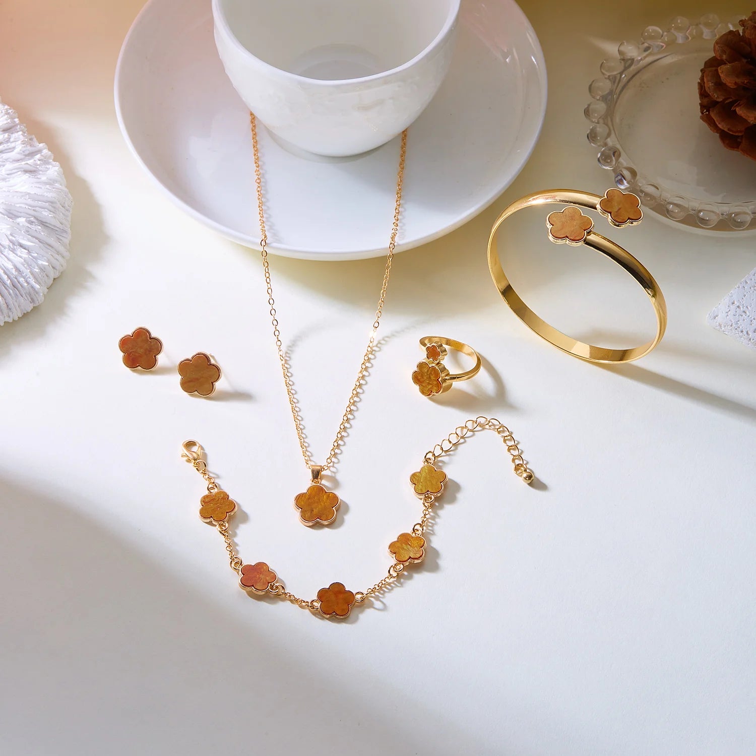 5pcs/set Lucky Five Leaf Flower Necklace Bracelet Earrings Ring Set for Women Colorful Enamel Plum Blossom Jewelry Party Gifts