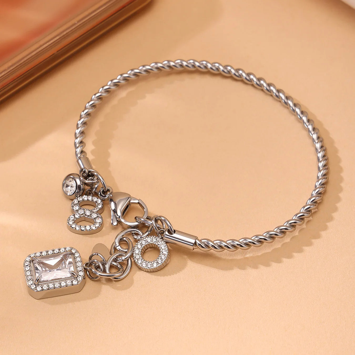 Nivora Delicate Zircon Square Number 8 Drop Pendant Stainless Steel Bracelets For Women Twisted Chain Bangle Wedding Jewelry