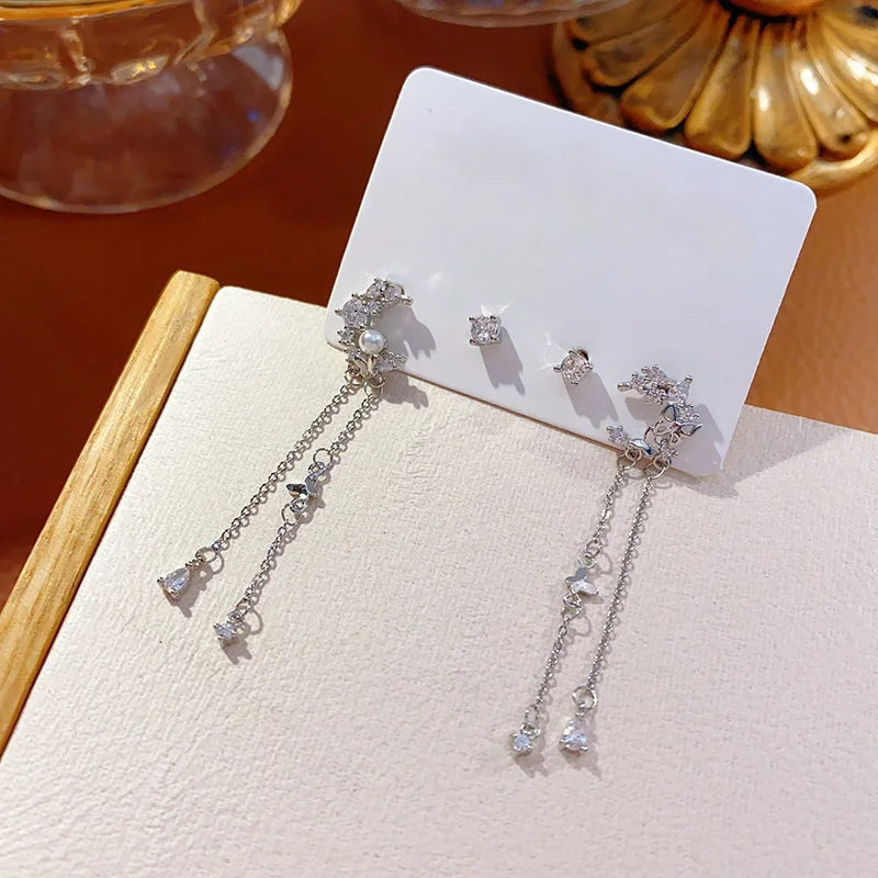 Delicate Zircon Moon Butterfly Tassel Stud Earrings For Women Korean New Exquisite Crystal Asymmetric Earring Girl Party Jewelry