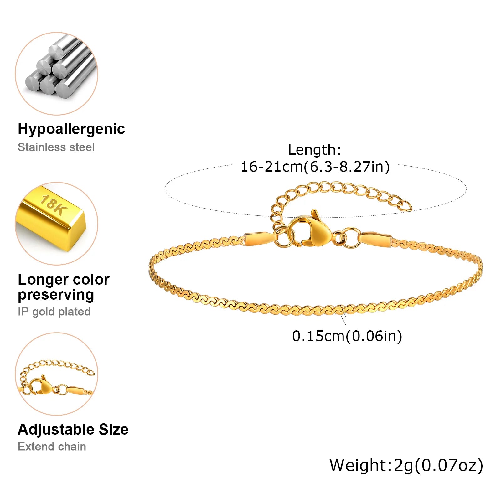 1.5MM S-shaped Chain Bracelet Stainless Steel For Women Girls Gold Plated Bracelsts Classic Jewelry Gifts