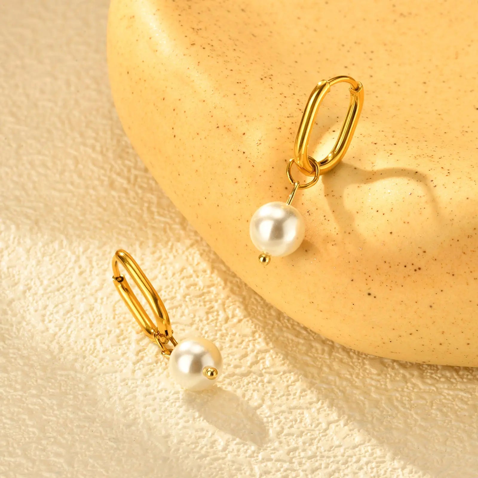 Elegant Imitation Pearl Pendant Earrings for Women,Gold Color Oval Hoop Earrings,Stainless Steel Jewelry Gift