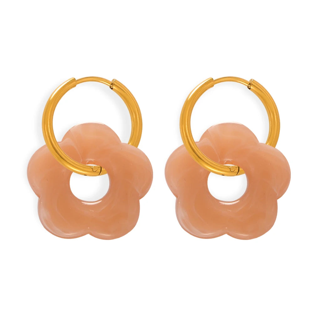 Colorful Resin Hollow Flower Pendant Necklaces Drop Earrings For Women Stainless Steel Rice Chain Women Wedding Jewelry Sets