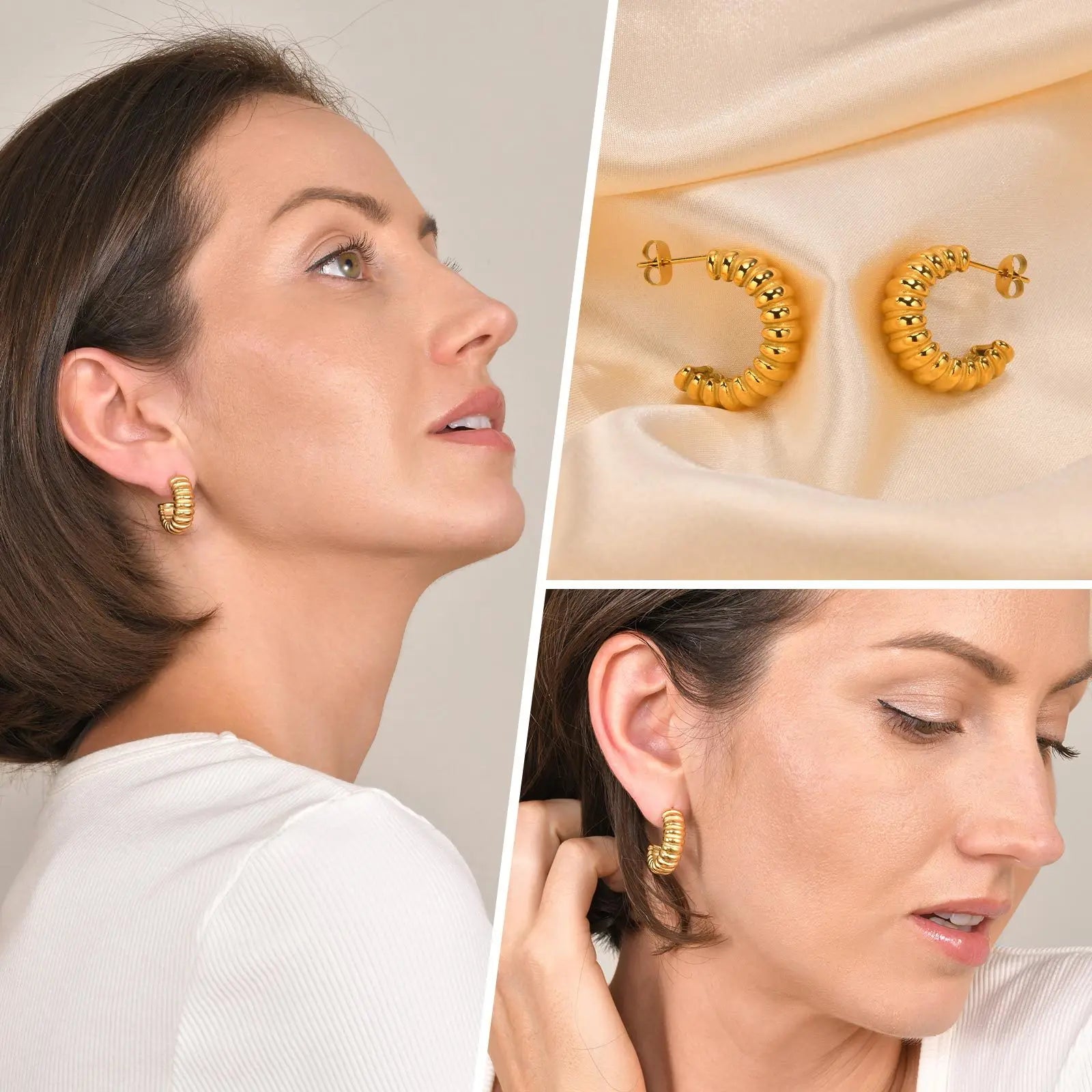 Women's Trendy Gold Color C Shaped Hoop Earrings Birthday Gift Jewelry To Her, Anti Allergy Stainless Steel Stud Earring Party