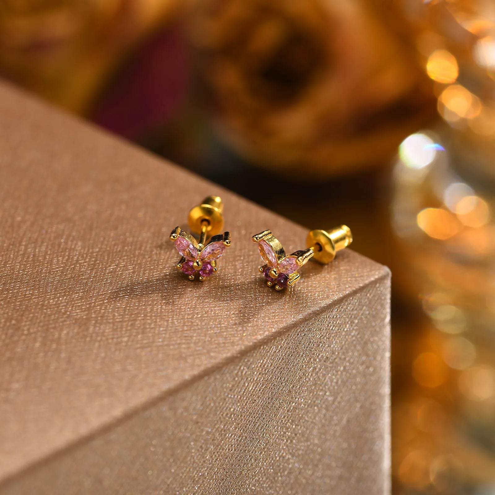 Bling CZ Stone Butterfly Stud Earrings for Women Girls, Trendy Gold Color Anti Allergy Metal Cubic Zirconia Ear Jewelry