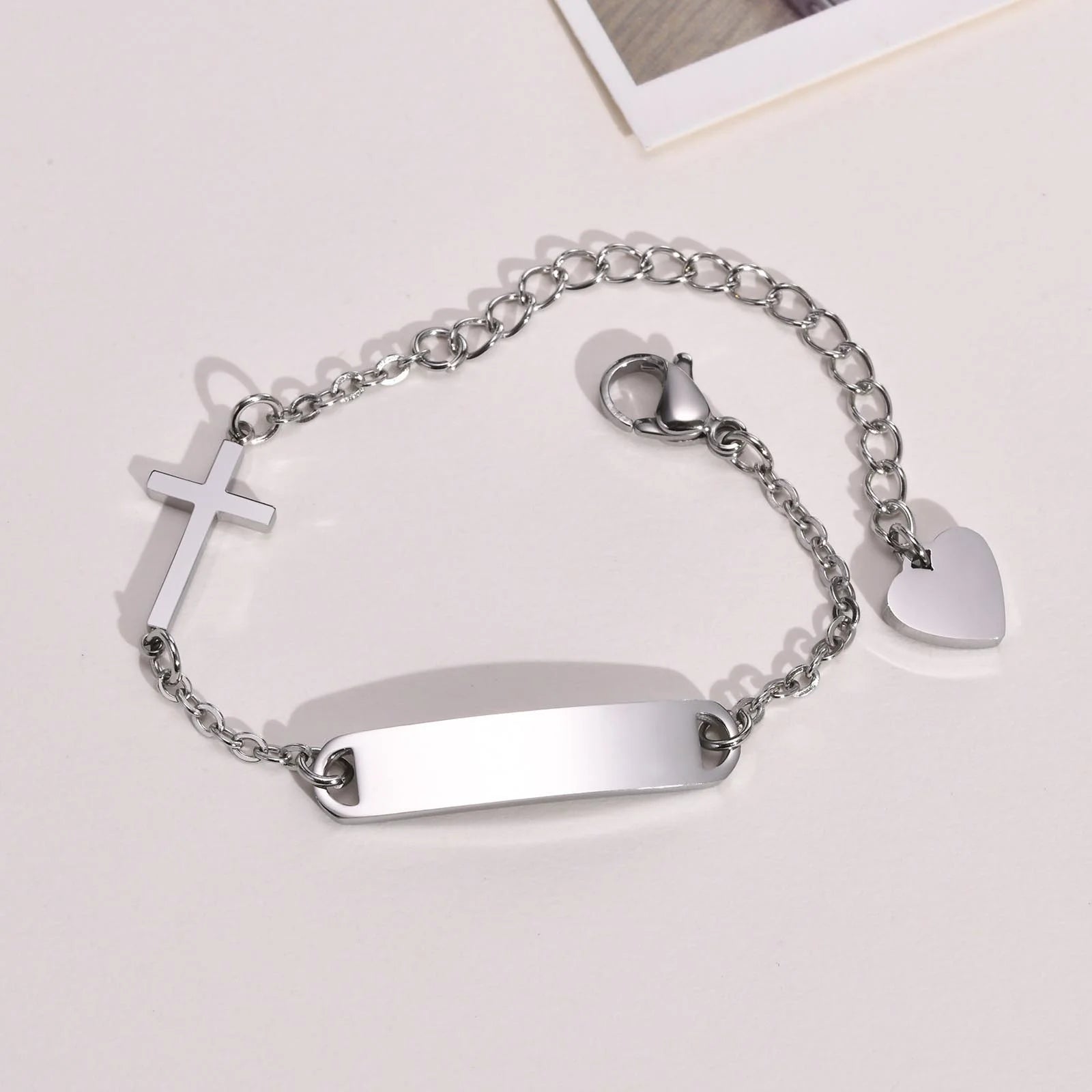 Personalized Stainless Steel ID Cross Bracelet for Girl Boy Gold Plated, Customized Nameplated Baptism Gift