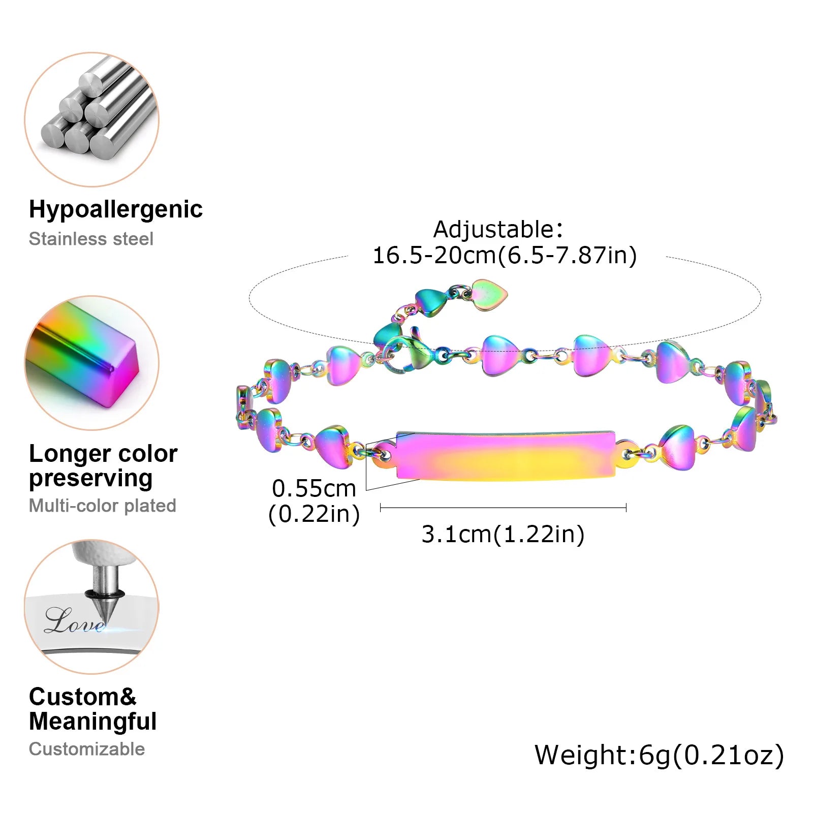 Customized Women's Heart Link Bracelets, Stainless Steel Chain Bracelet, Free Engraved Name Jewelry