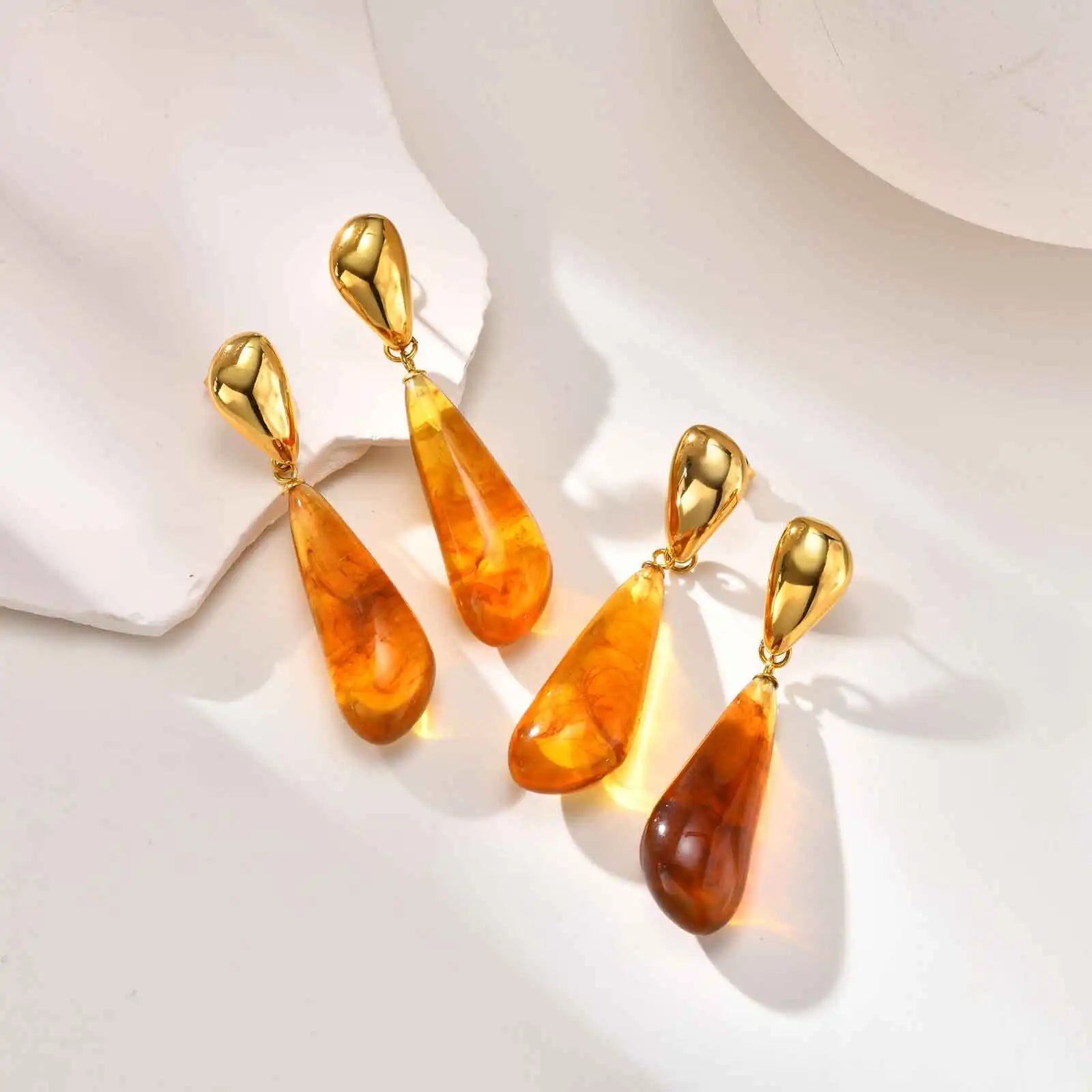Water Drop Statement Earrings for Women, Resin Amber-colored Teardrop Dangle Earring