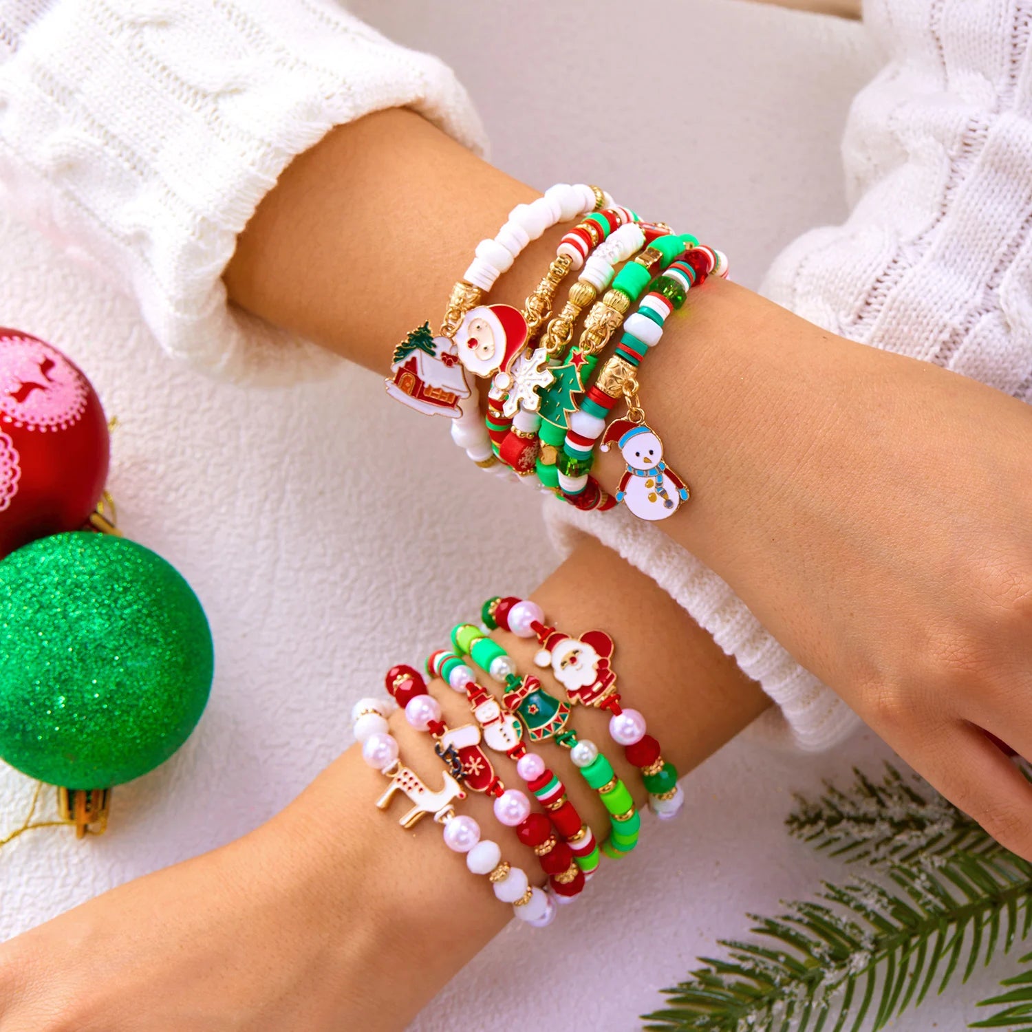 10 Pcs Christmas Colorful Beaded Bracelet Set For Women Santa Claus Xmas Tree Snowflake Rice Beads Bangle Party Festival Jewelry