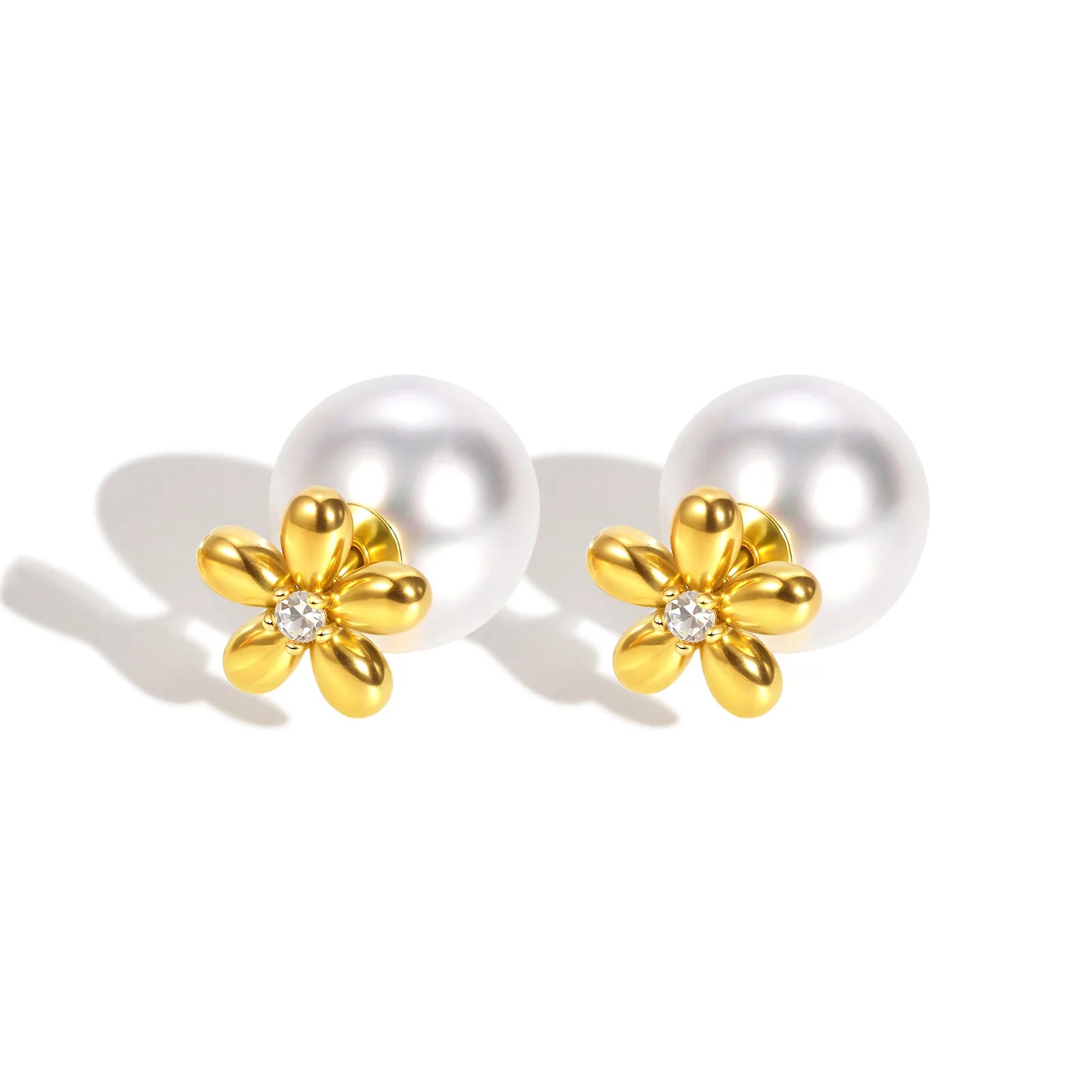 Elegant Zircon Flowers Imitation Pearl Stud Earrings for Women,Gold Color Stainless Steel Earrings,Fashion Jewelry Gifts