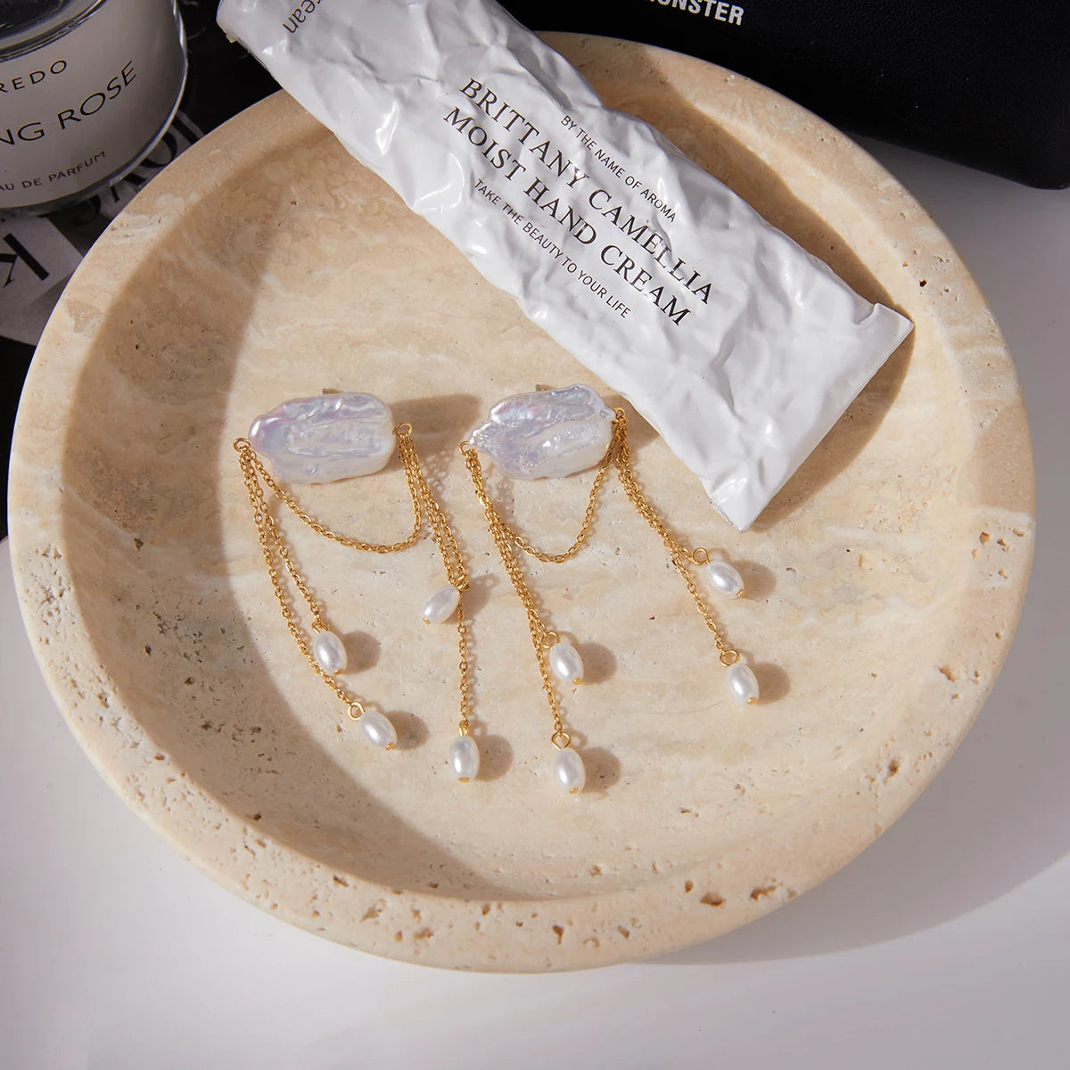 Uworld Minimally Elegant Square Pearl Tassel Earrings 18K Gold Color Stainless Steel Chain Earrings Women's Jewelry