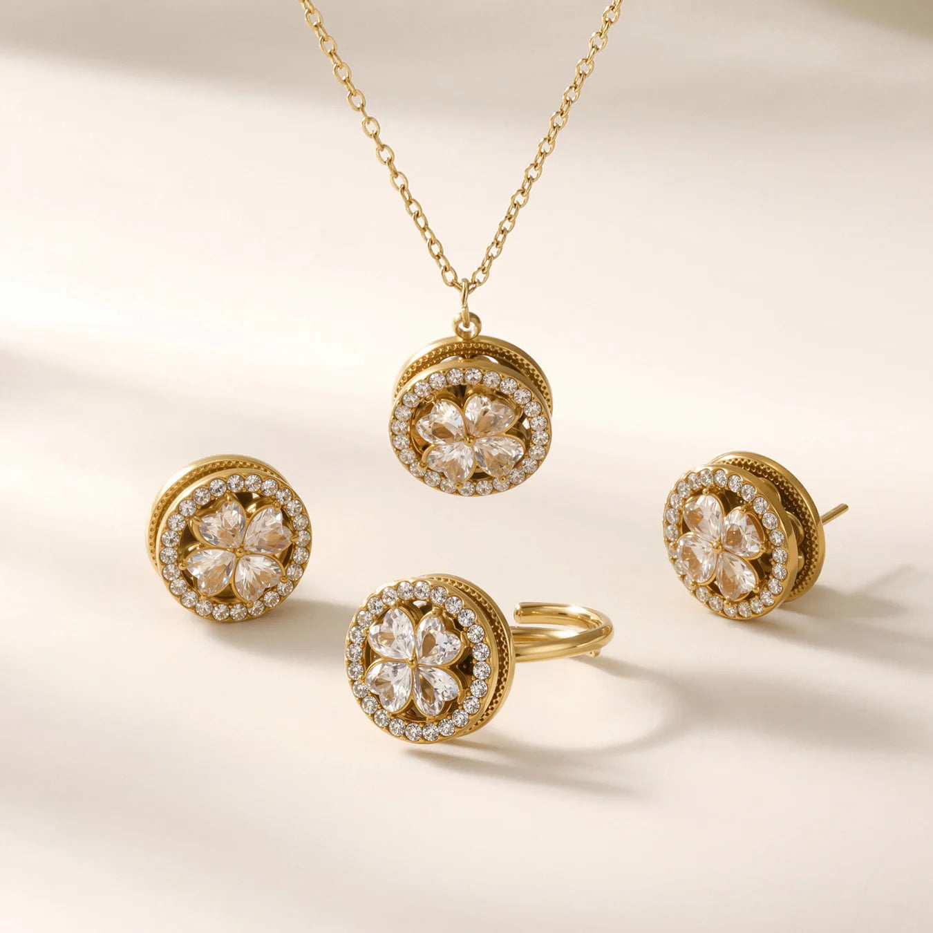 Nivora Baroque Rotatable Flower Zircon Pendant Stainless Steel Chain Necklace Bracelets Rings for Women Wedding Banquet Jewelry