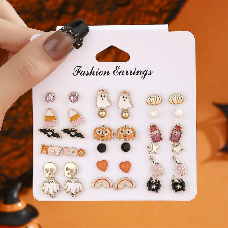 18 Pair Halloween Combination Earrings Set for Women Ghost Pumpkin Bat Skull Star Pearl Rhinestone Earring Girls Party Jewelry