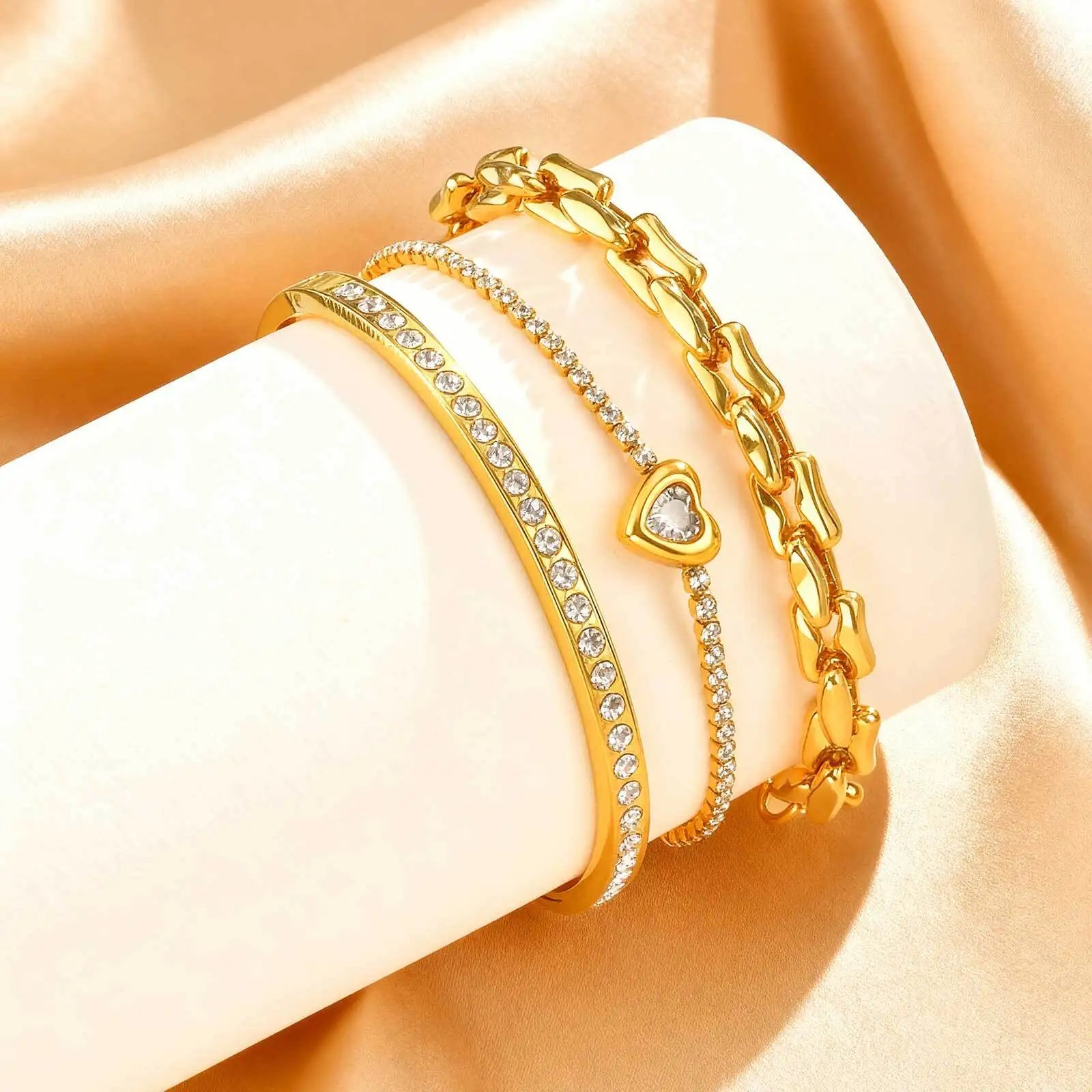 Womens Gold Plated Bracelets, Stack Layered Link Chain Heart Bracelets, Cubic Zirconia Bangle Openable Christmas Party Gift