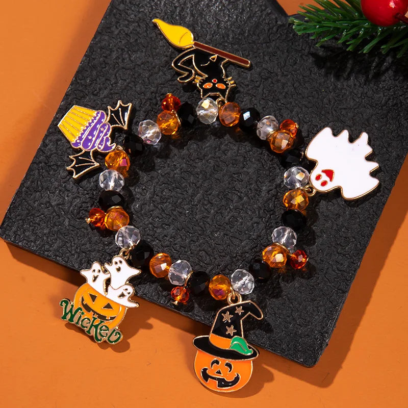 Funny Halloween Crystal Beaded Bracelet for Women Cartoon Pumpkin Black Bat Ghost Spider Web Beads Bracelets Party Jewelry Gift