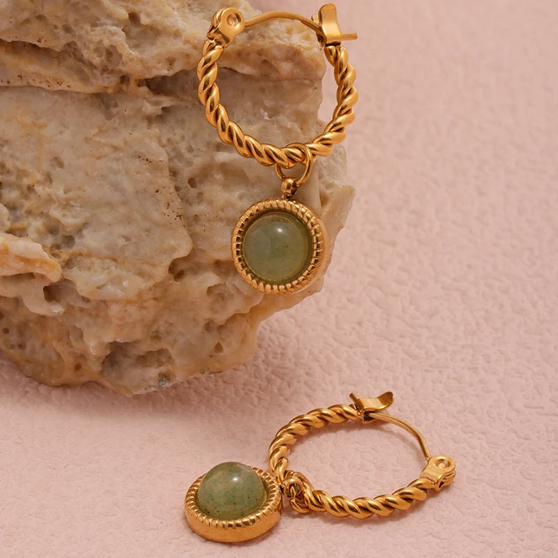 Nivora Stainless Steel Twisted Dangle Earrings For Women Chinese Style Green Agate Hoop Earrings Lady Fashion Basic Jewelry