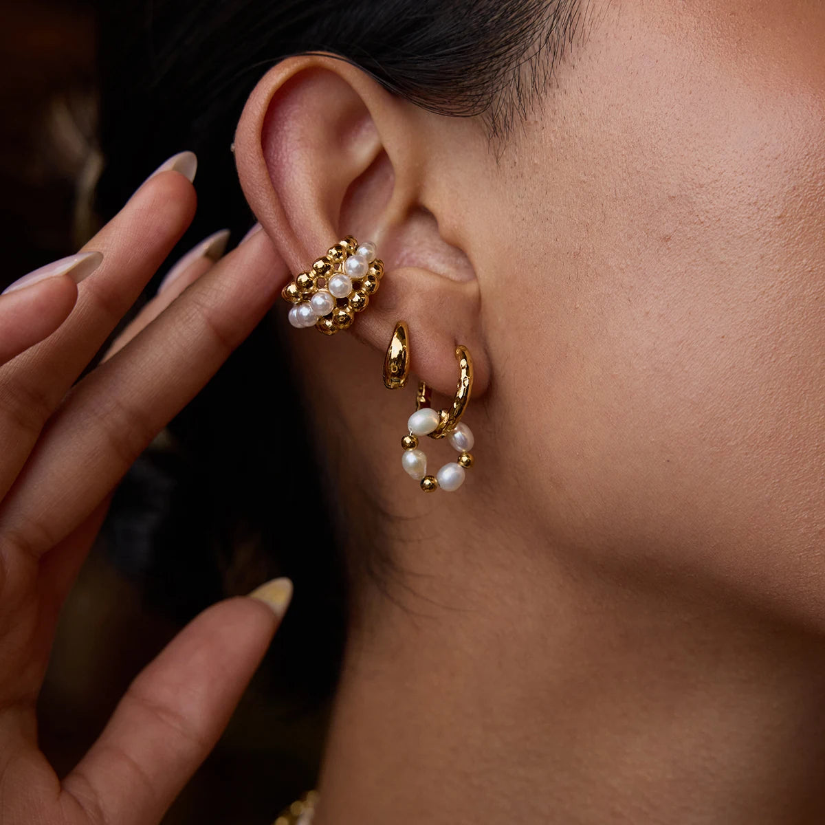 Uworld Elegant Style 18K Gold Color Plated Stainless Steel Freshwater Pearl Double Ring Earrings Women's Jewelry Gift for Her