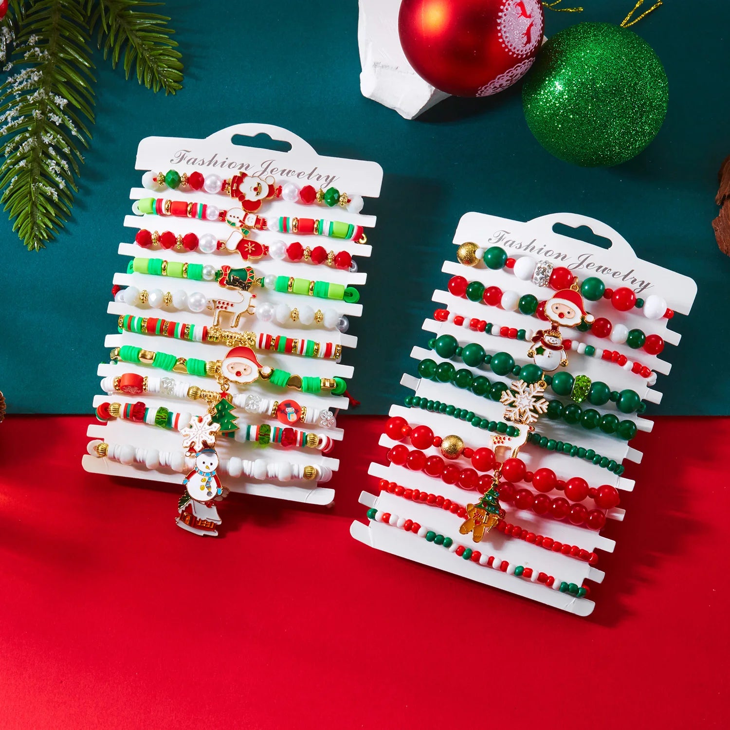 10 Pcs Christmas Colorful Beaded Bracelet Set For Women Santa Claus Xmas Tree Snowflake Rice Beads Bangle Party Festival Jewelry