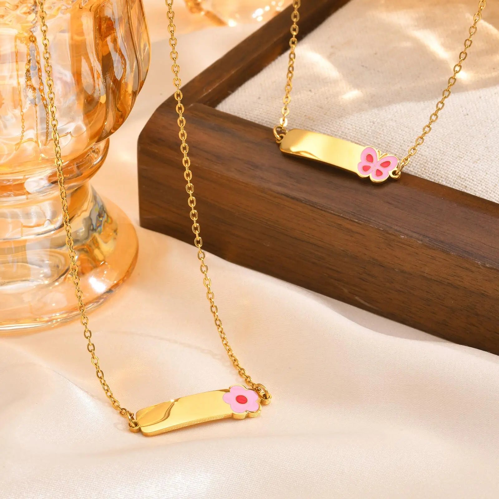 Personalized Name Bar Necklace With Butterfly Flower, Stainless Steel Cute Pendant For Girls Childs Kids Charms Gift