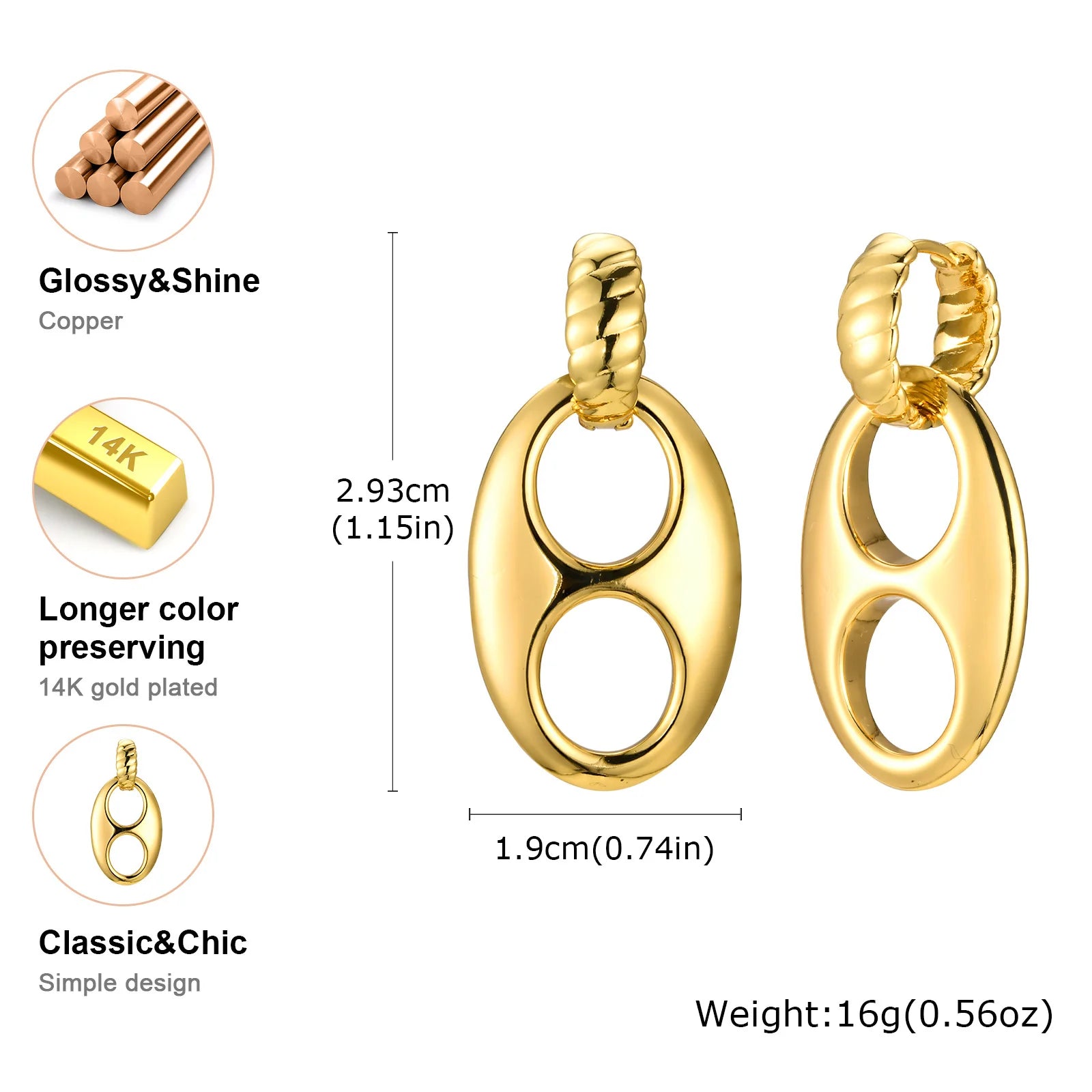 Double Circles Hoop Earrings for Women, Stainless Steel 14K Plated Chunky Oval Earrring, Fashion Geometric Party Jewelry Gift