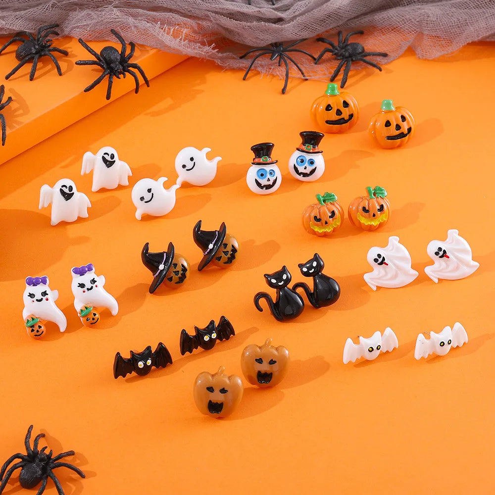 18 Pair Halloween Combination Earrings Set for Women Ghost Pumpkin Bat Skull Star Pearl Rhinestone Earring Girls Party Jewelry