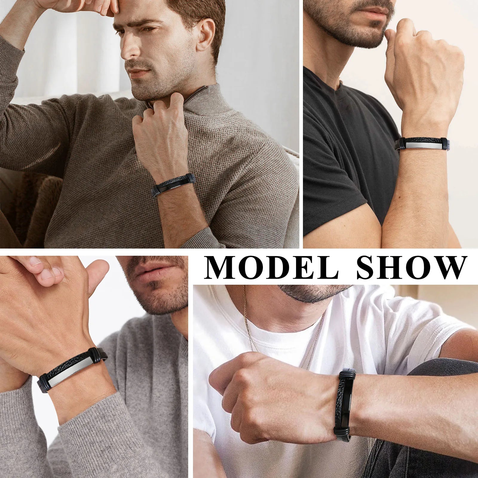 Genuine Leather Bracelet for Adult, Hip Hop Stainless Steel Charm Leather Wrap Bracelet,  Wristband Hand Jewelry Gift