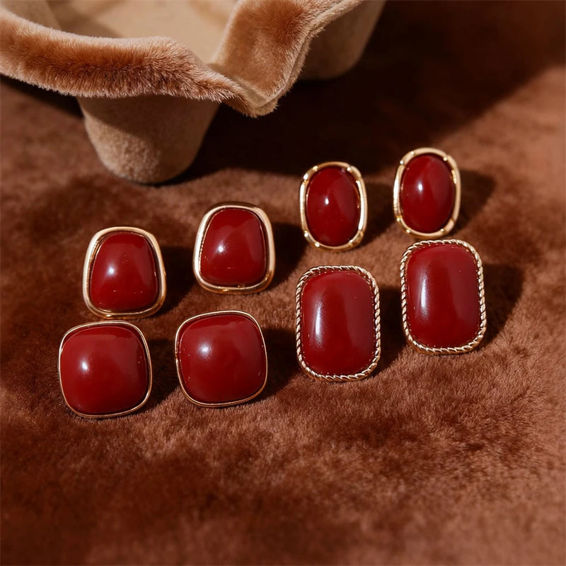 4/5 Pair Vintage Enamel Wine Red Metal Stud Earring Set For Women Fashion Pearl Flower Heart Geometric Square Earrings Jewelry