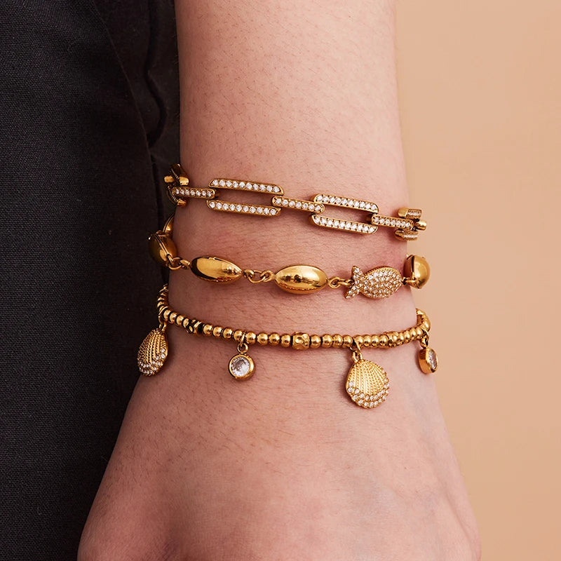 Nivora Stainless Steel Metal Beads Chain Bracelets For Women Scallop Pendant Zircon Charm Wedding Bracelets Jewelry