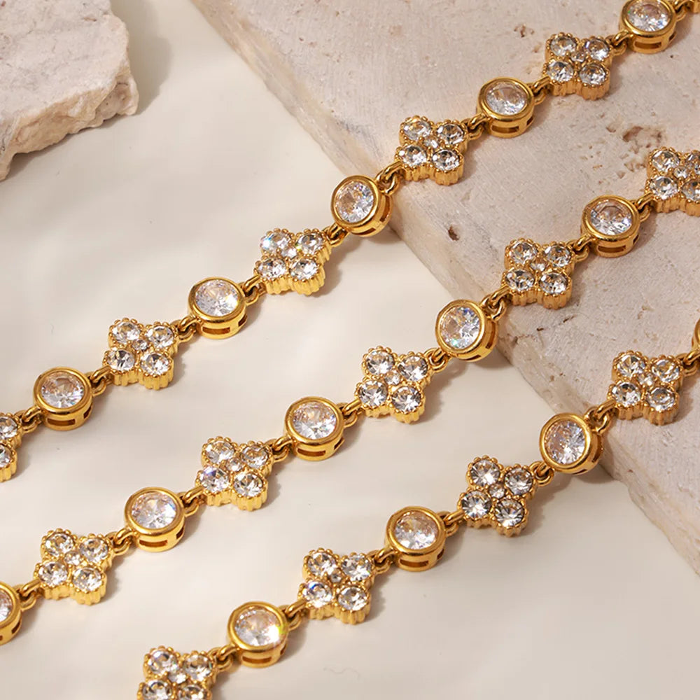 Nivora 16CM Stainless Steel Wrist Chain Bracelets Bling Cubic Zircon Flower Charm Bracelets For Women Golden Waterproof Jewelry