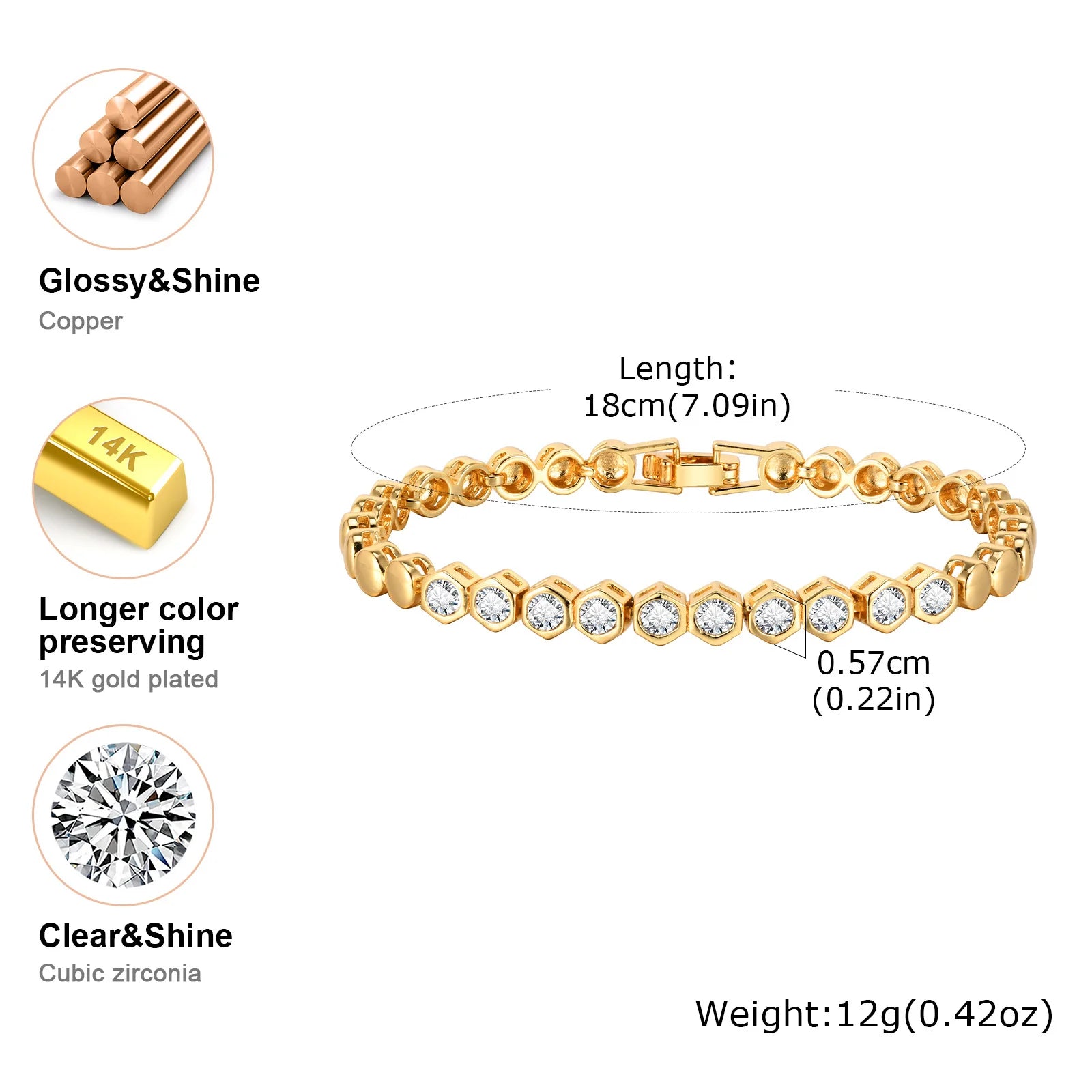 Cubic Zirconia Tennis Bracelet for Women, 18K Gold Plated Stainless Steel CZ Chain, Bridesmaid Jewelry Non Tarnish