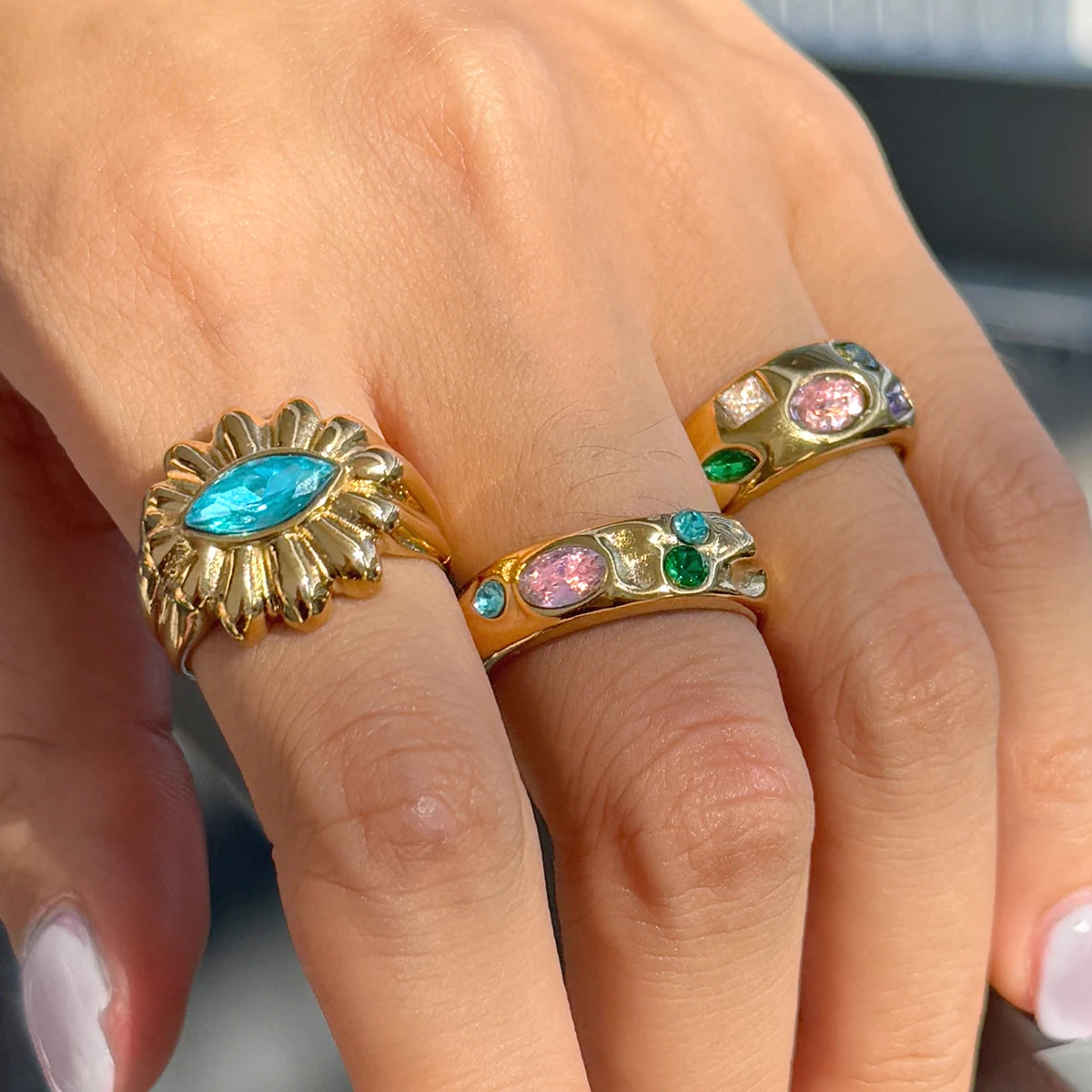 Uworld Fashion Y2k Blue Rhinestone Ring 18k Gold Color Plated Stainless Steel Stackable Asymmetric Ring Women's Jewelry Party Gi