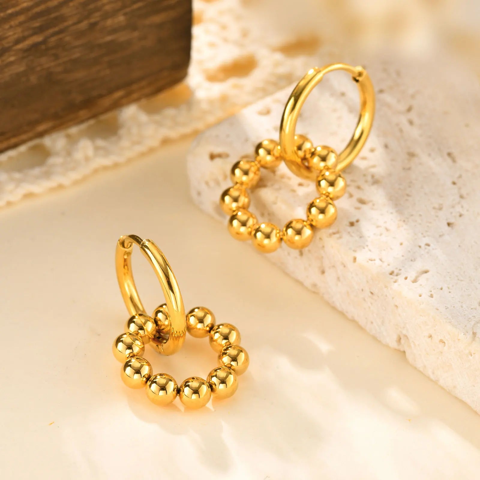 Fashion Round Beads Multi-ring Earrings for Women,Stainless Steel Ball Hoop Earrings Gold Color,Waterproof Jewelry Gift