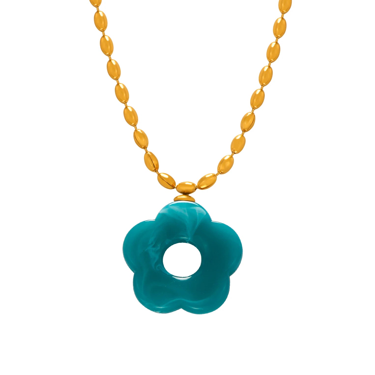 Colorful Resin Hollow Flower Pendant Necklaces Drop Earrings For Women Stainless Steel Rice Chain Women Wedding Jewelry Sets