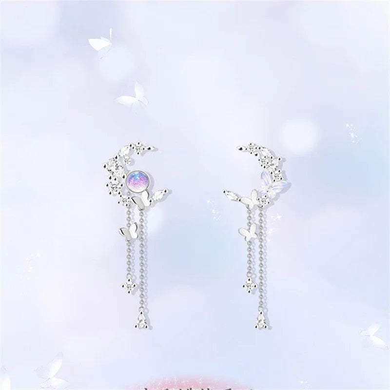 Sparkling Crystal Star Moon Tassel Earrings for Women Korean Fashion Zircon Butterfly Asymmetrical Drop Earring Party Jewelry