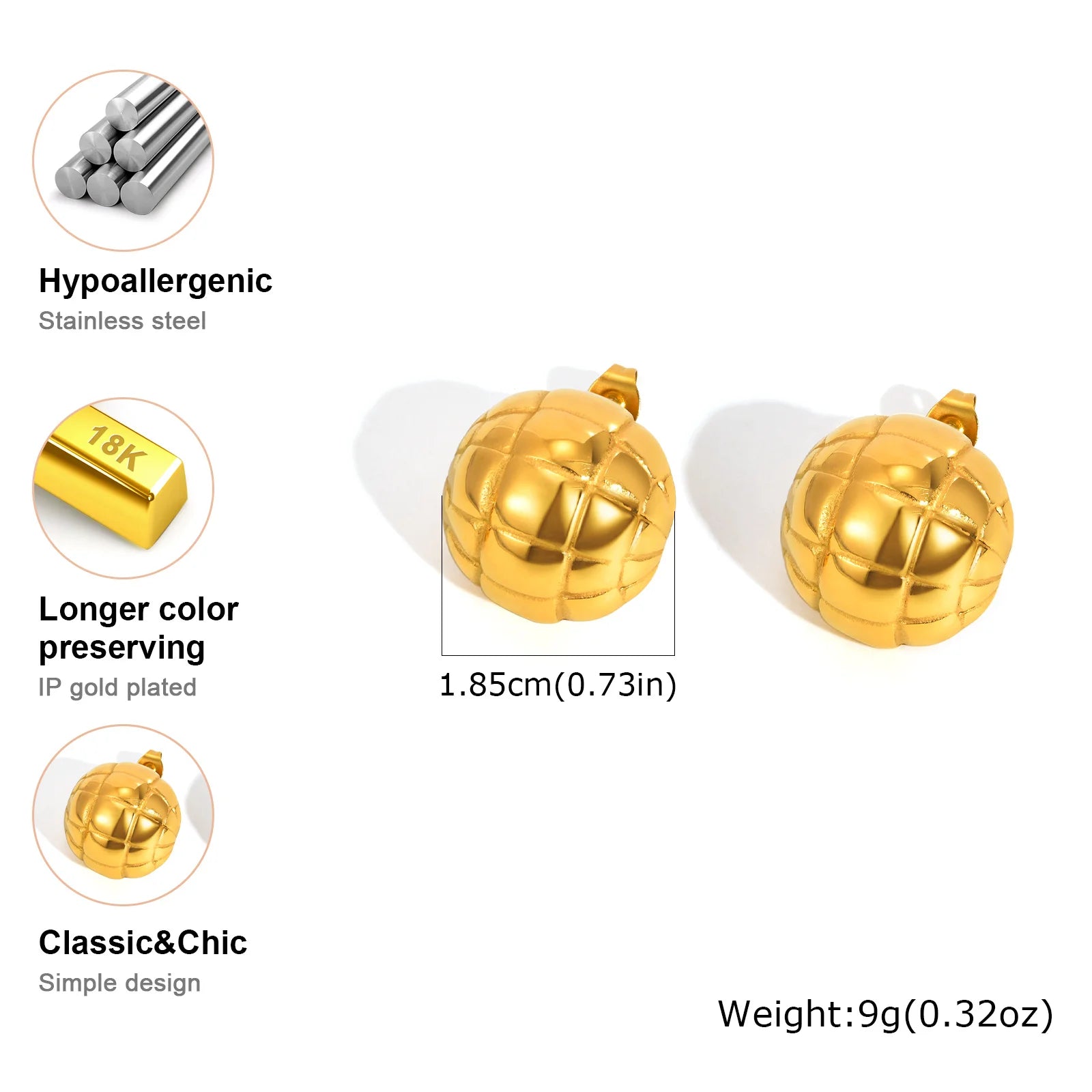 Glossy Hemisphere Braided Stud Earrings,Women's Stainless Steel Ball Earrings Gold Color,Fashion Jewelry Gift