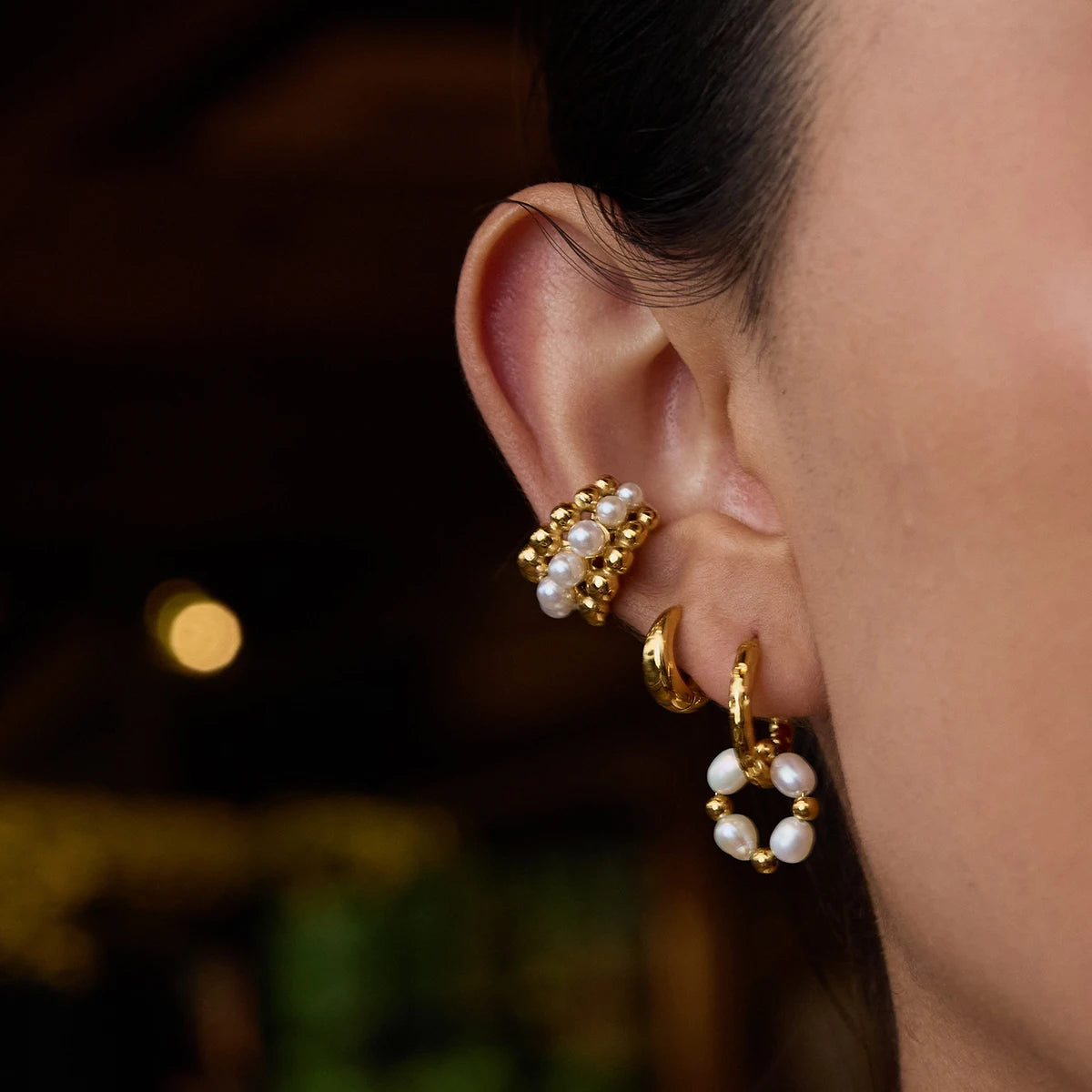 Uworld Elegant Style 18K Gold Color Plated Stainless Steel Freshwater Pearl Double Ring Earrings Women's Jewelry Gift for Her