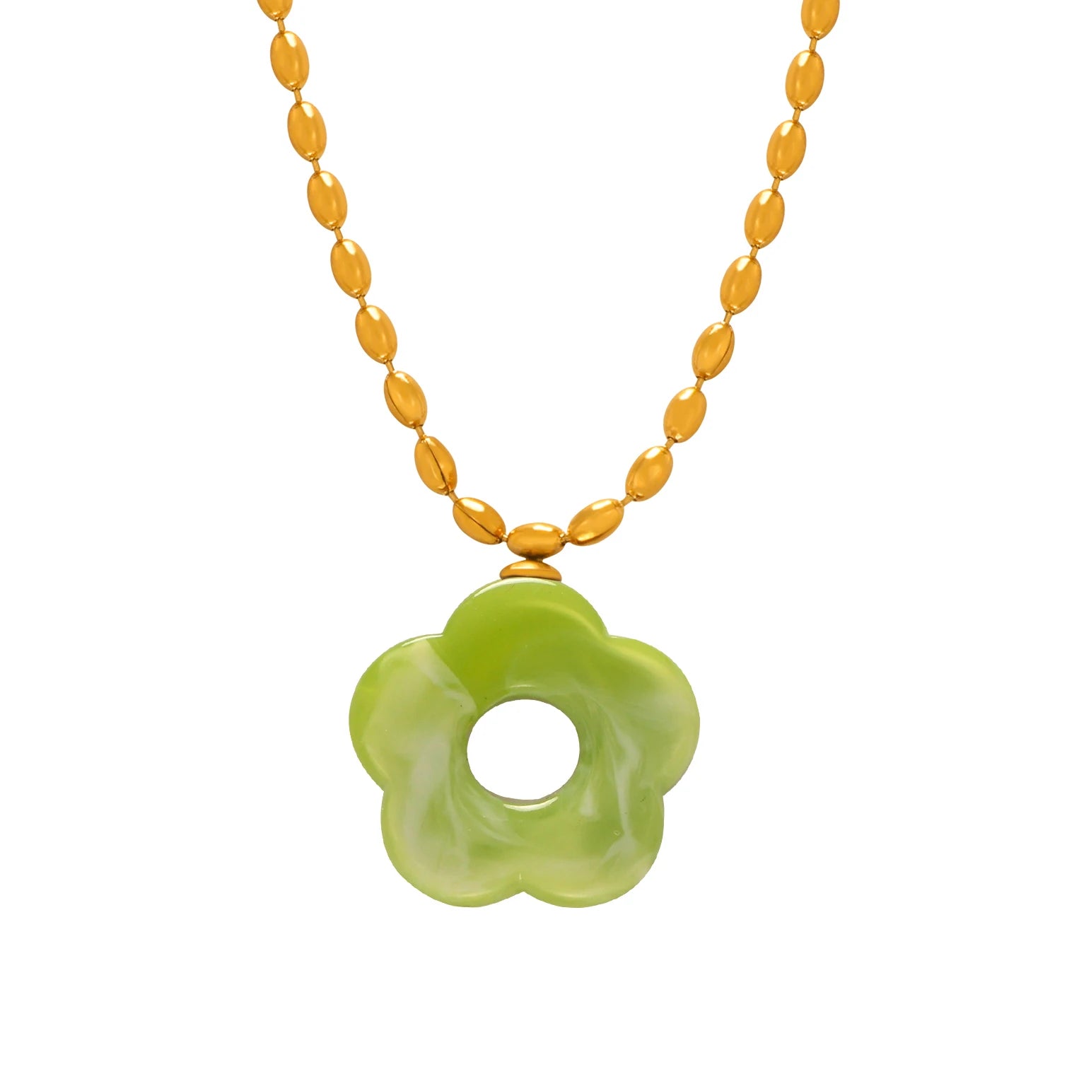 Colorful Resin Hollow Flower Pendant Necklaces Drop Earrings For Women Stainless Steel Rice Chain Women Wedding Jewelry Sets