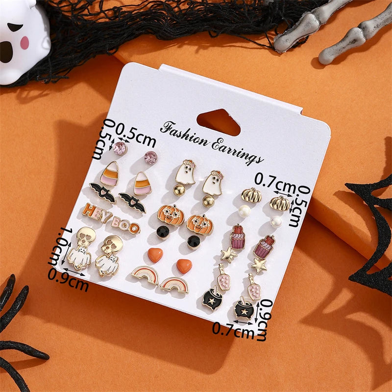 18 Pair Halloween Combination Earrings Set for Women Ghost Pumpkin Bat Skull Star Pearl Rhinestone Earring Girls Party Jewelry