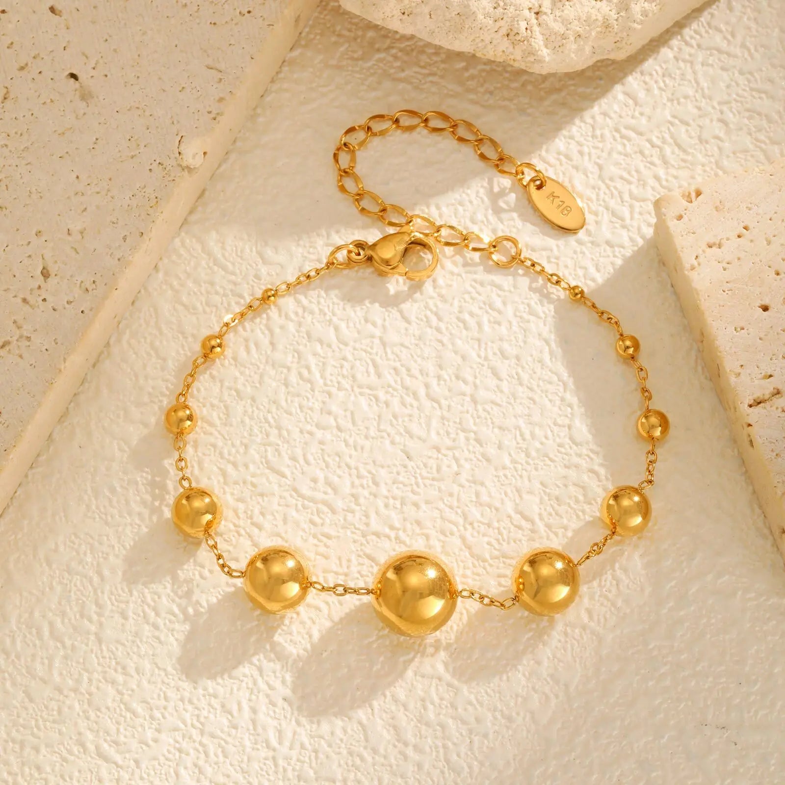 Stainless Steel Round Ball Beads Chain Bracelet for Women, 18K PVD Gold Plated Statement Waterproof Hand Wrist Jewelry