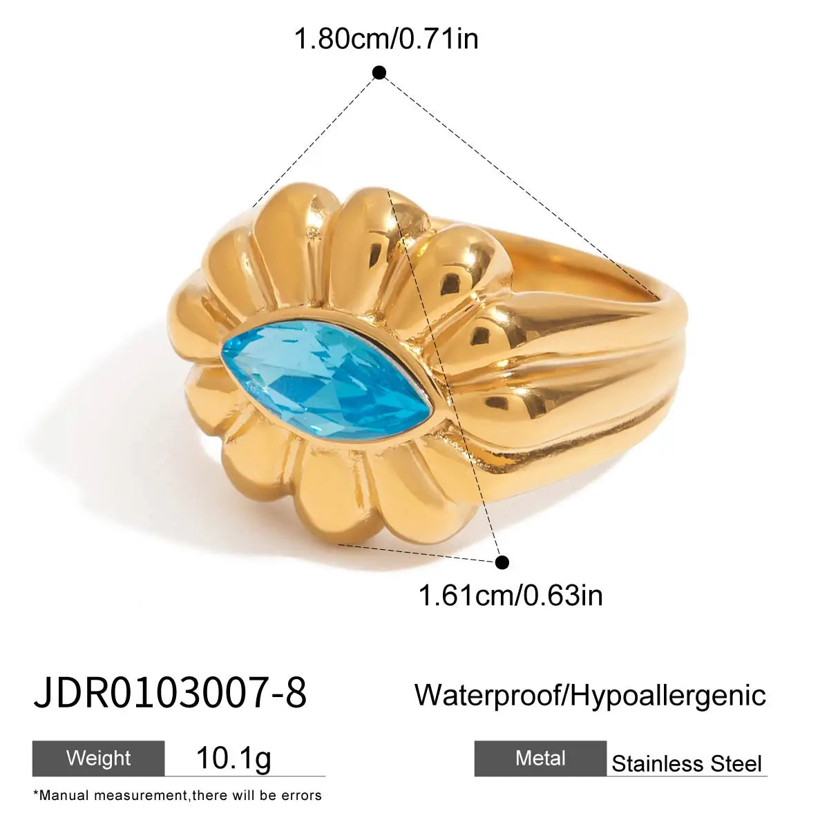 Uworld Fashion Y2k Blue Rhinestone Ring 18k Gold Color Plated Stainless Steel Stackable Asymmetric Ring Women's Jewelry Party Gi