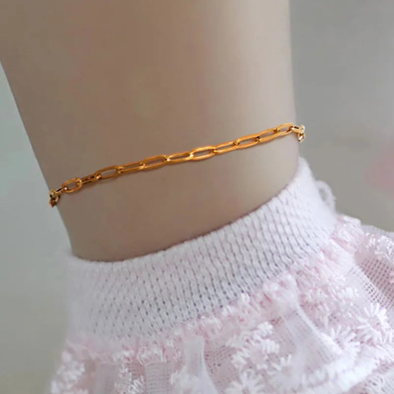 Trendy Simple Rectangle Charm Chain Anklet for Girls Boys , Gold Color Stainless Steel Ankle Chain Bracelets Jewelry