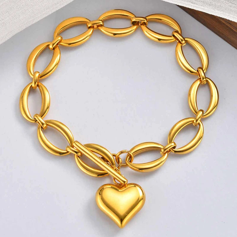 Heart Bracelet for Women, Stainless Steel 18k Gold Plated Toggle Clasp, Charm Love Link Bracelets for Valentines Day