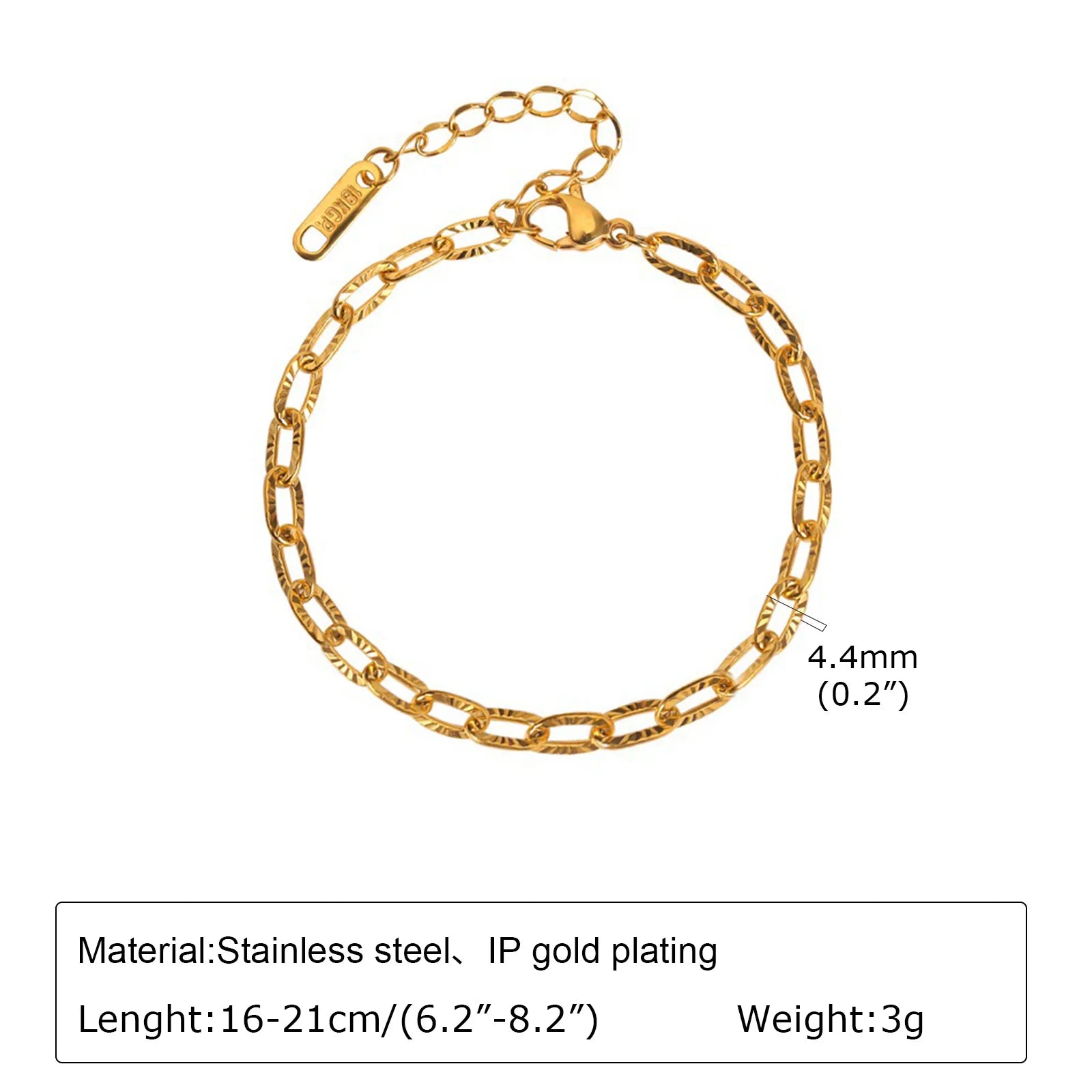 Women's Trendy Stylish Stamped Rectangle Charm Chain Bracelets, Gold Color Paperclip Links Wristband Jewelry